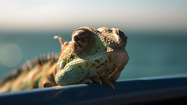 Un camaleonte siede su un oggetto blu di fronte all'oceano.