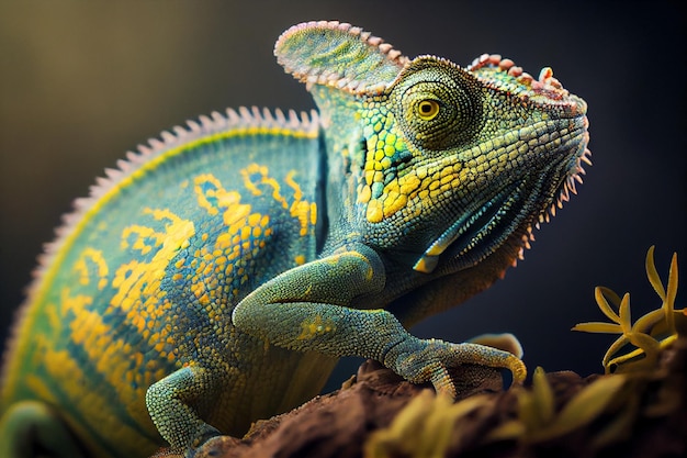 Un camaleonte verde e blu con la testa gialla e gli occhi verdi