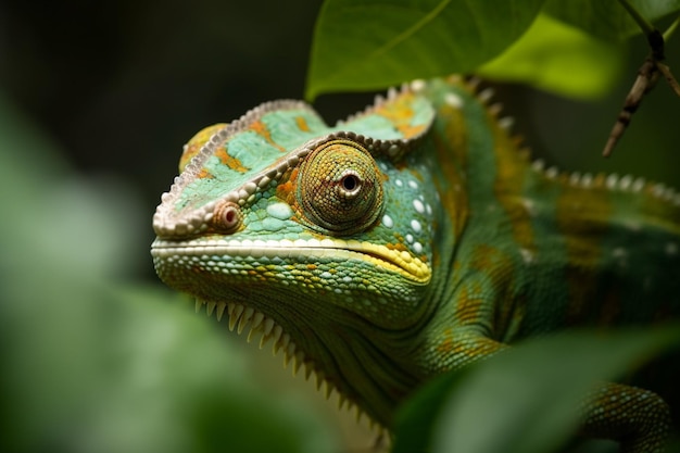 Un camaleonte verde e giallo è tra le foglie.