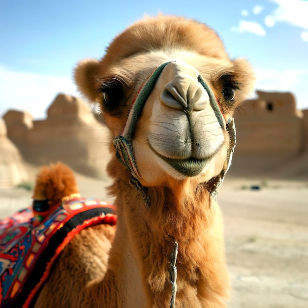 Un camello carino nella città fantasma dello Xinjiang, in Cina