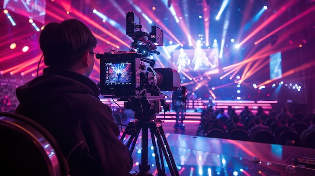 Un cameraman si siede con un'enorme telecamera e filma uno spettacolo sul palco