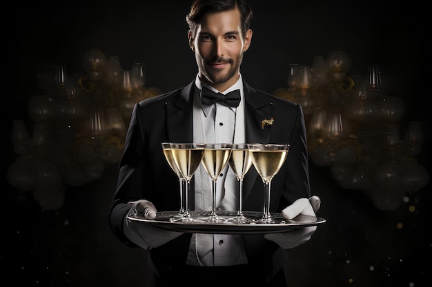 Un cameriere che tiene un vassoio con bicchieri di champagne