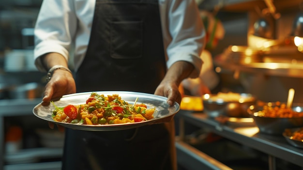 un cameriere della cucina indiana che serve in movimento in servizio nel ristorante Il cameriere porta i piatti