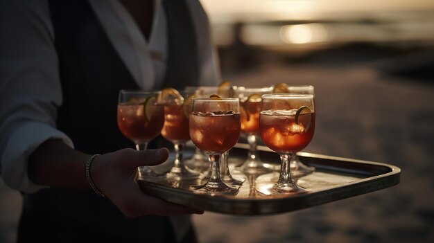 Un cameriere porta un vassoio di cocktail sulla spiaggia.