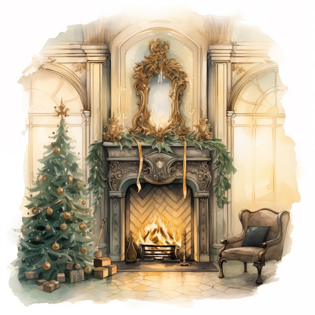 Un camino con un albero di Natale e ornamenti tra cui uno specchio d'oro sopra di esso e una sedia vicino