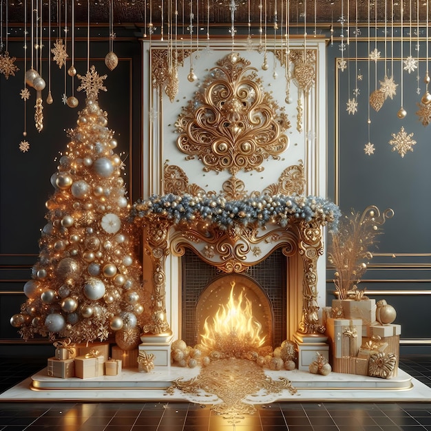 Un camino splendidamente adornato adornato con ornamenti e un albero d'oro