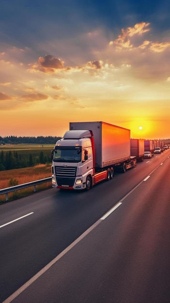 un camion a semi che guida lungo un'autostrada al tramonto