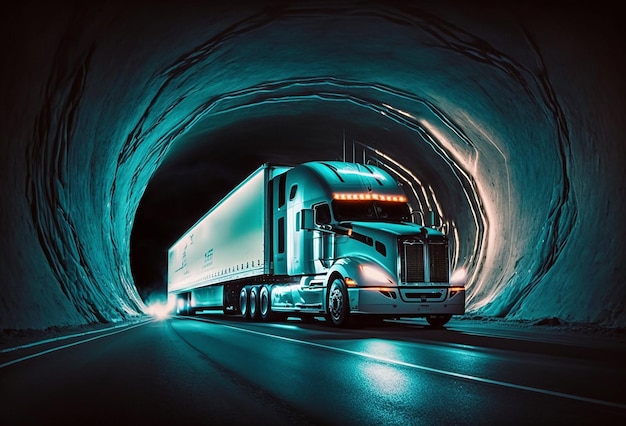 Un camion alla guida di un tunnel di montagna IA generativa