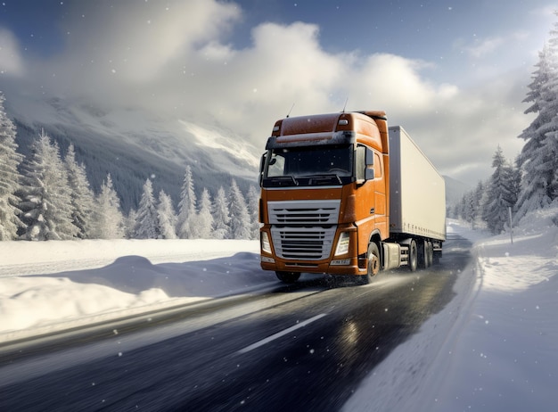 Un camion arancione si muove su una strada di montagna innevata circondata da alberi coperti di neve sotto un cielo nuvoloso