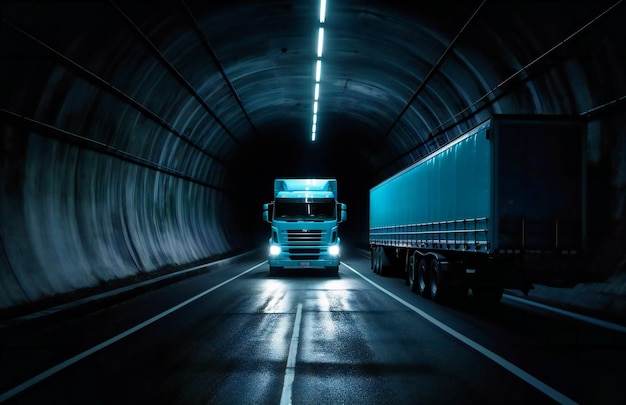 Un camion bianco che percorre un tunnel buio