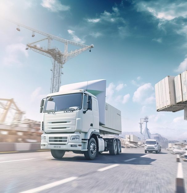 Un camion bianco sta guidando sulla strada con un cielo blu e nuvole sullo sfondo.