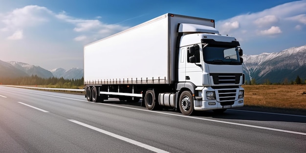 Un camion bianco sulla strada con uno sfondo di cielo blu