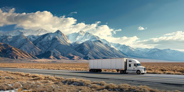 un camion bianco trasporta merci sullo sfondo delle montagne