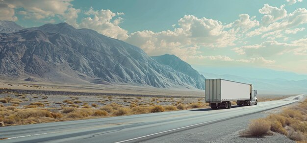 un camion bianco trasporta merci sullo sfondo delle montagne