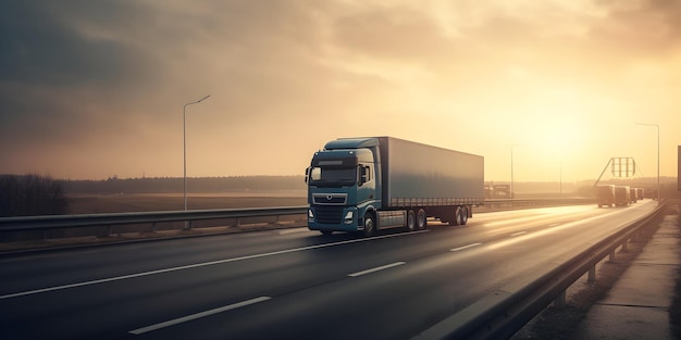 Un camion blu che guida su un'autostrada con un tramonto sullo sfondo.