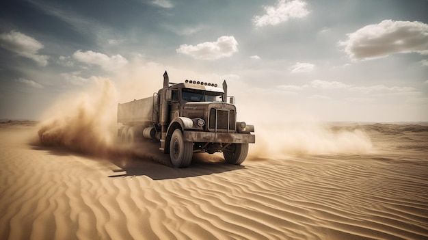 Un camion che attraversa il deserto con la polvere nell'aria