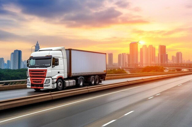 un camion che guida lungo un'autostrada con una città sullo sfondo