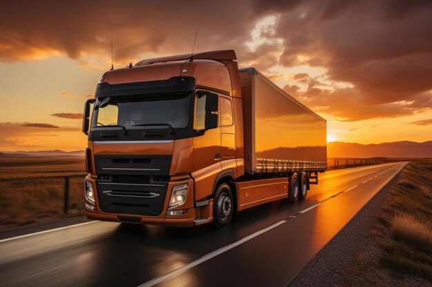 Un camion che guida lungo una strada al tramonto generativo IA