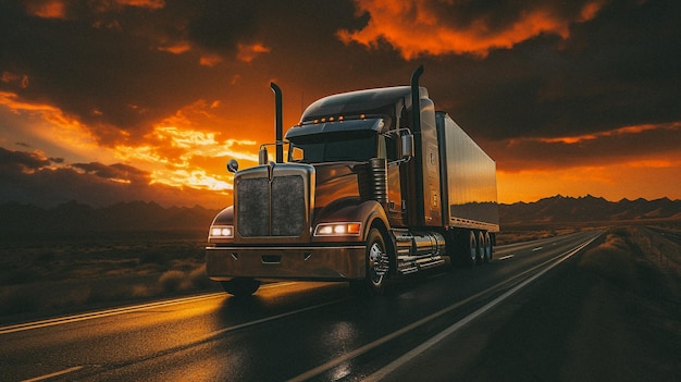 Un camion che guida su un'autostrada al tramonto