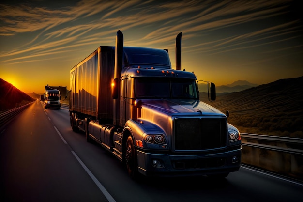 Un camion che guida su un'autostrada al tramonto