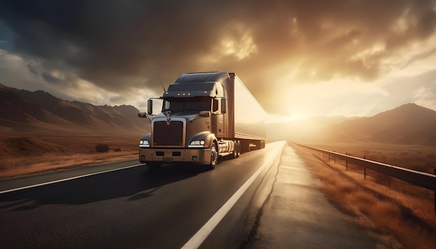 Un camion che guida su un'autostrada con il sole che tramonta dietro di esso