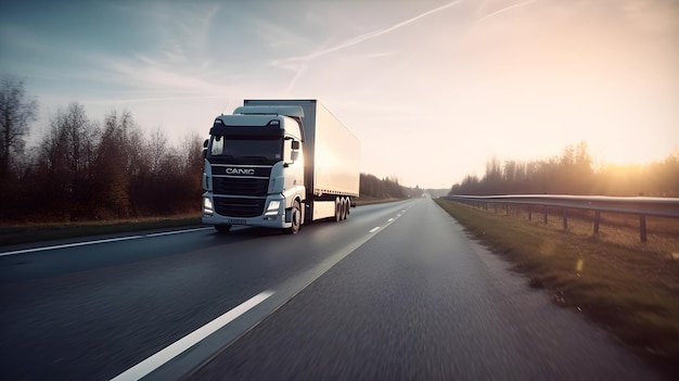 Un camion che guida su un'autostrada con un tramonto sullo sfondo