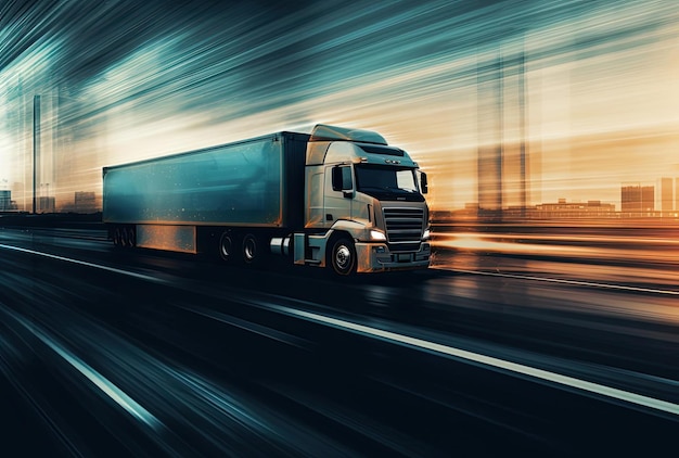 un camion che guida su un'autostrada nello stile del ciano scuro e dell'ambra chiaro