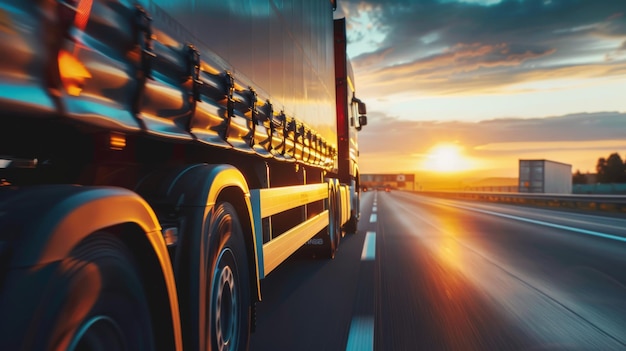 Un camion che guida sull'autostrada al tramonto