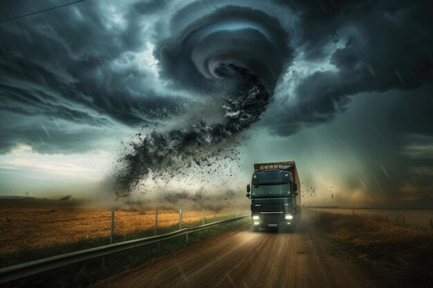 Un camion che guida verso un enorme tornado su una strada rurale