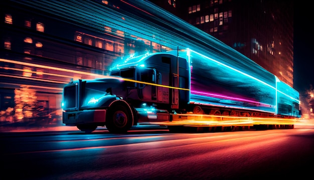 Un camion che sfreccia in città di notte con luci posteriori che danno un'impressione di velocità Generative Ai