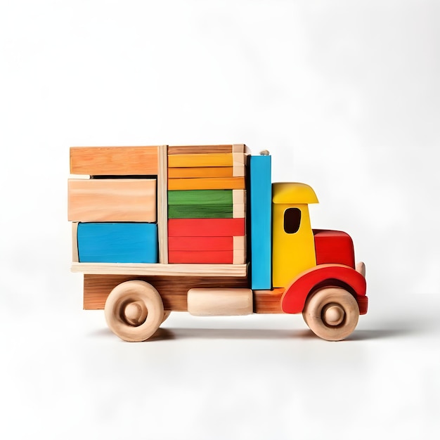 Un camion color legno con una scatola color legno sulla parte anteriore sullo sfondo bianco