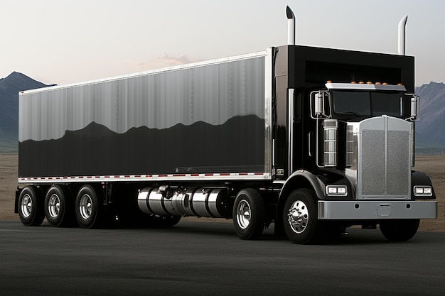 Un camion con un telo nero che copre le ruote anteriori e posteriori.