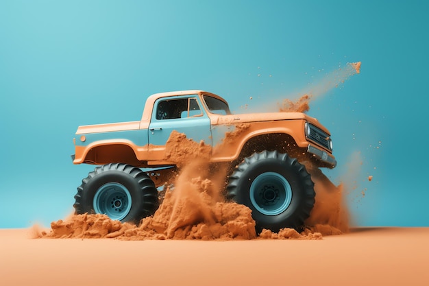 Un camion con una verniciatura blu e arancione sta attraversando un deserto.