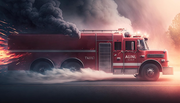 Un camion dei pompieri rosso con il fumo che esce dalla parte superiore.