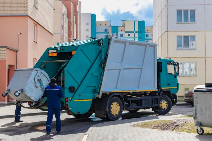 Un camion della spazzatura dell'automobile raccoglie i rifiuti nelle aree residenziali di una città moderna Primo piano di un'auto per la raccolta e il trasporto dei rifiuti