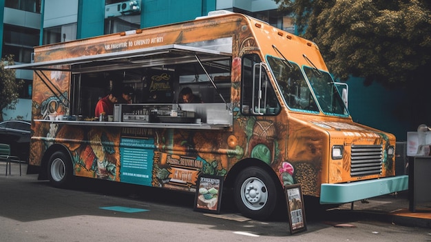 Un camion di cibo blu con un cartello che dice "camion di cibo".