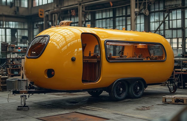 Un camion di cibo giallo in un magazzino