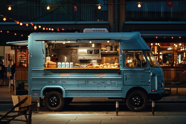 Un camion di cibo rosso brillante con un baldacchino a righe è parcheggiato sulla trafficata strada della città offrendo una varietà di cibo delizioso ai passanti camion di hamburger gourmet in un ambiente urbano industriale AI generato