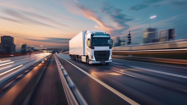 Un camion di consegna che guida lungo un'autostrada al tramonto con lo sfondo della città AI generativa