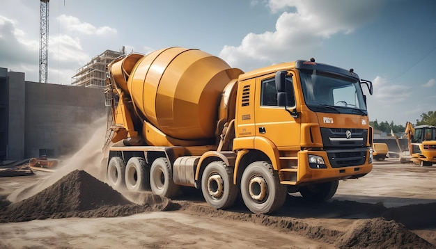 un camion di miscelazione del cemento che versa il cemento in una cassaforte in un cantiere di costruzione