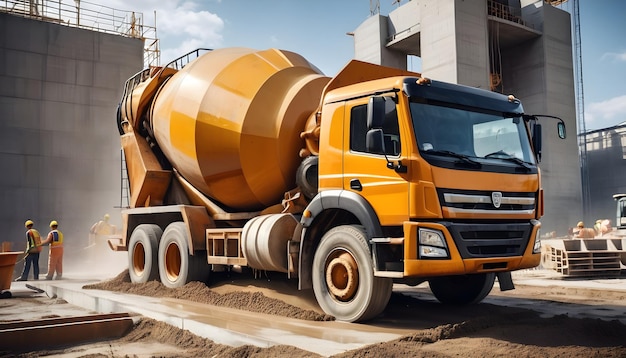 un camion di miscelazione del cemento che versa il cemento in una cassaforte in un cantiere di costruzione