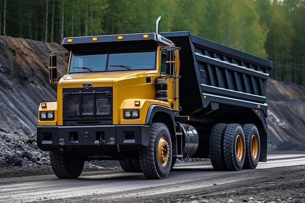 un camion di scarico giallo sta guidando lungo una strada con alberi sullo sfondo