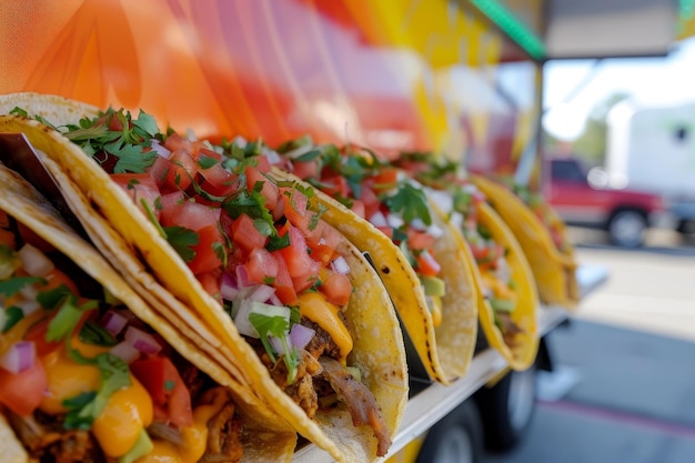 Un camion è parcheggiato con una varietà di tacos in mostra