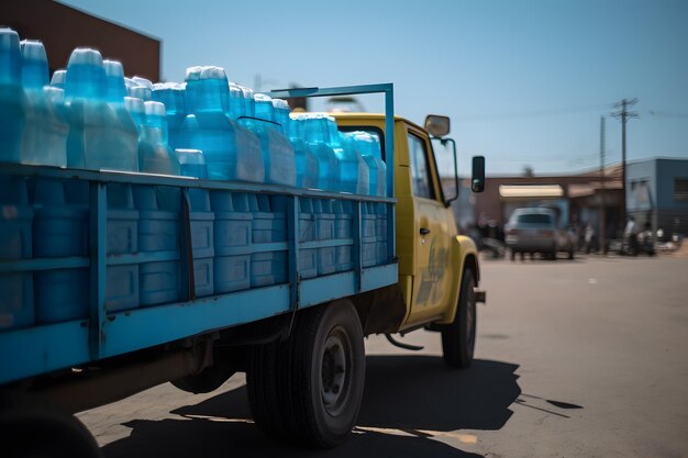 Un camion giallo con un rimorchio blu con su scritto "bottiglie d'acqua".