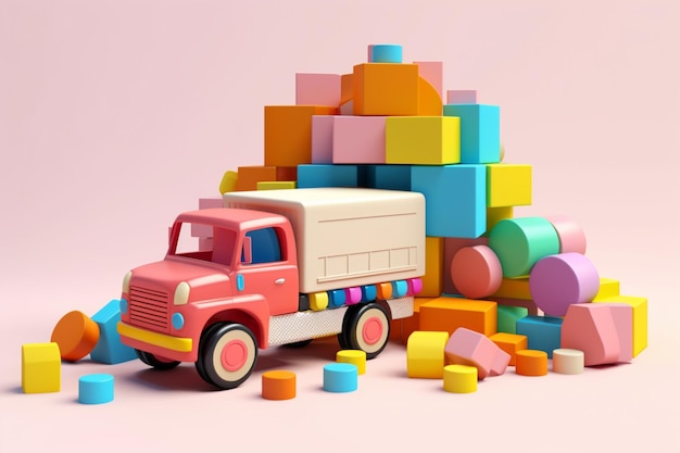 Un camion giocattolo è circondato da blocchi colorati e uno sfondo rosa.