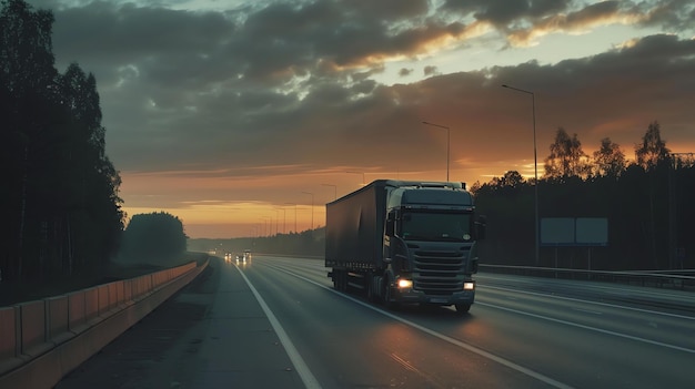 Un camion guida lungo un'autostrada bagnata al tramonto il cielo è di un arancione brillante e gli alberi sono silhouetted contro di esso