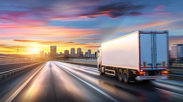 Un camion guida lungo un'autostrada verso una città AI generativa