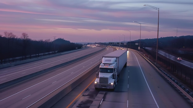 Un camion guida su un'autostrada trafficata al crepuscolo Il cielo è di un colore rosa intenso e le luci delle auto e dei camion creano una lunga fila luminosa