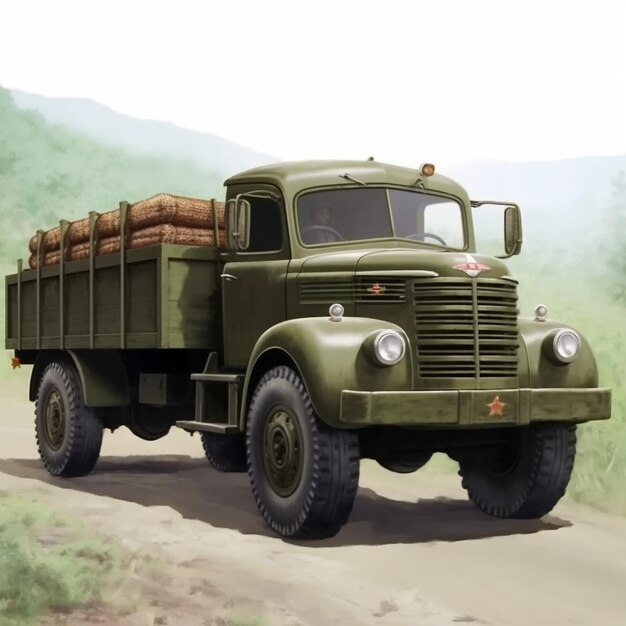 un camion militare verde con una scatola sul retro