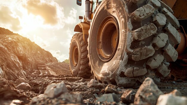 Un camion mostruoso attraversa un terreno accidentato mentre ruggisce lungo una strada rocciosa in un cantiere